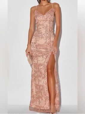Lulu's Rose Gold Lace-Embellished Maxi Dress with Thigh Slit